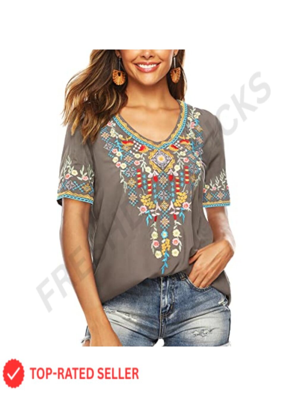 Mexican Embroidered Boho Blouse V-Neck Short Sleeve Floral Tunic Top